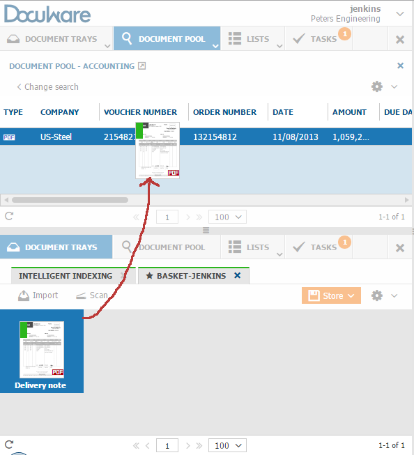 Drag a document from the document tray to an entry in a list to attach the document to one that‘s already archived: