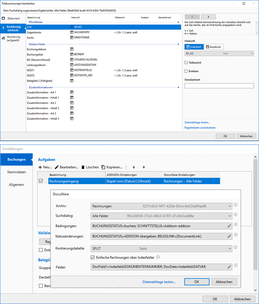 Addison Feldzuweisungen und Einstellungen